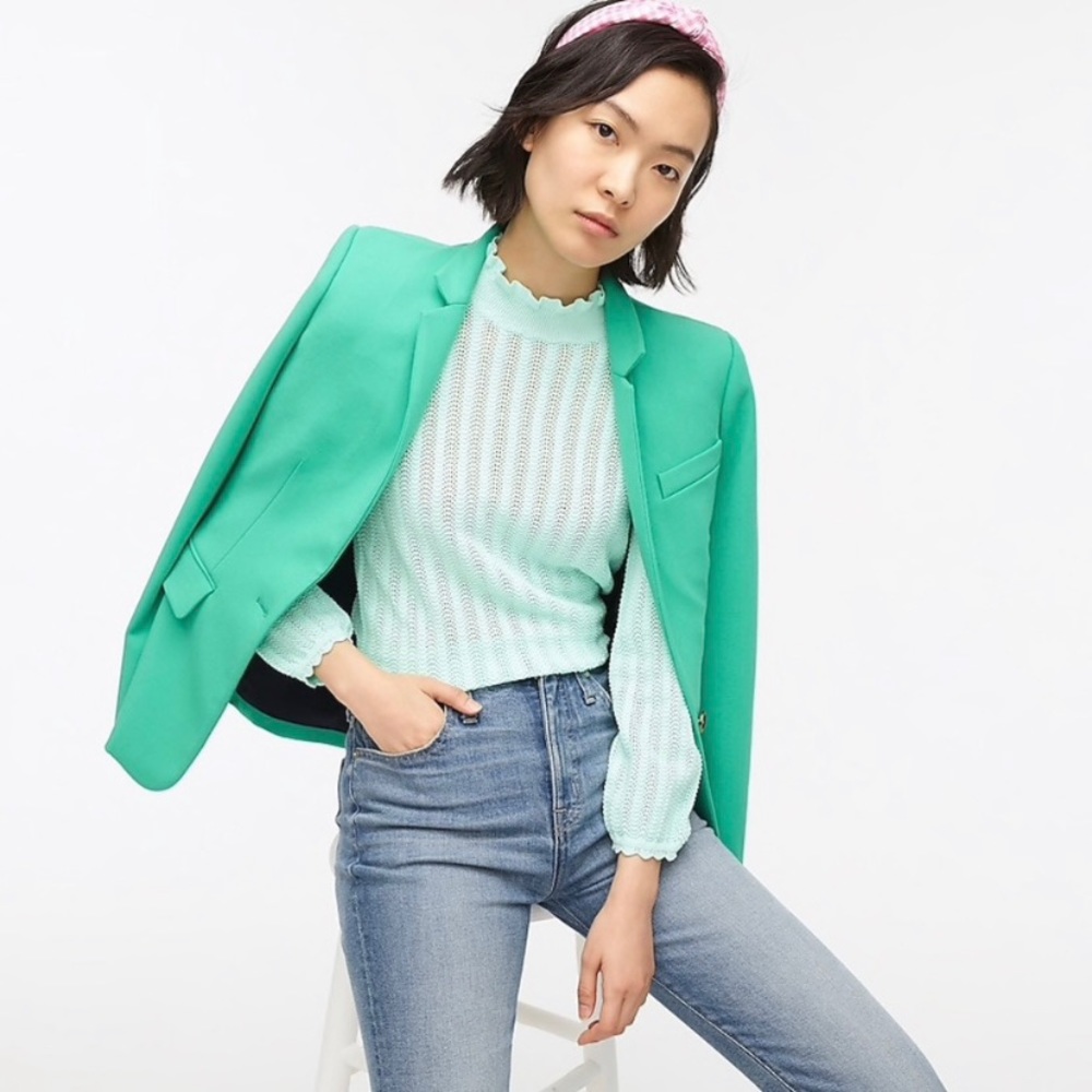 NWT J. Crew Mint Pointelle Ruffle Mockneck Knit Lightweight Sweater Women's XS